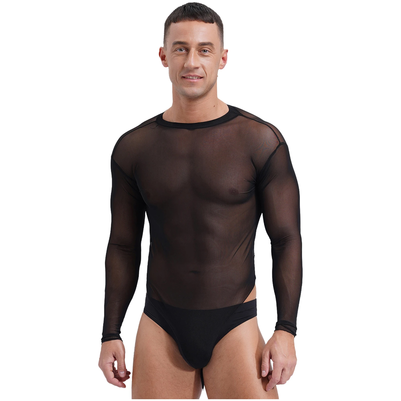 

Mens See through Mesh Romper Long Sleeve Bodycon Bodysuit Underwear Fancy Nightwear High Cut Lace-up Crotch Leotard Jumpsuits