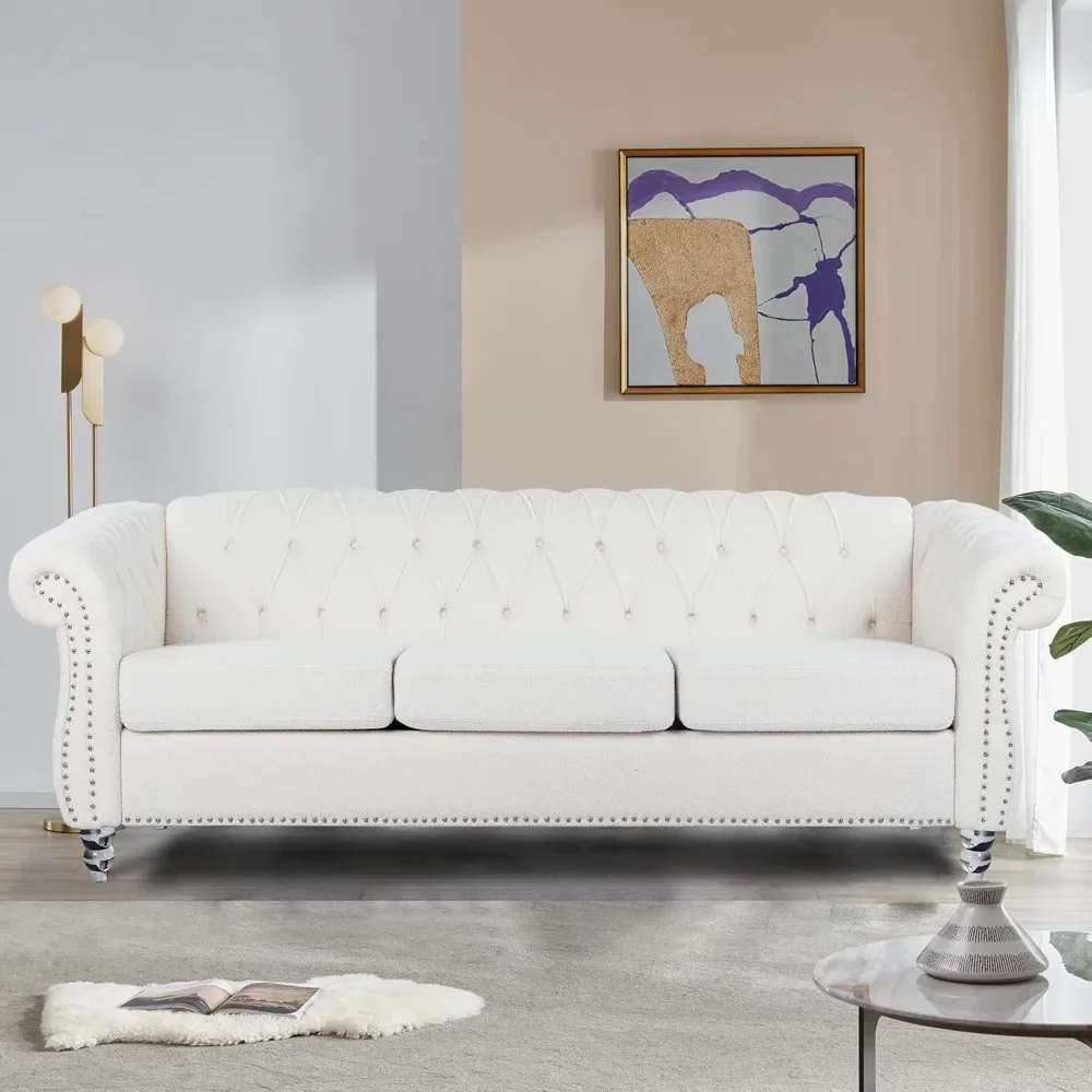 Sofa 3 Seat Modern Teddy Velvet Sofa Living Room Furniture Sofa with Quilted Back (White)