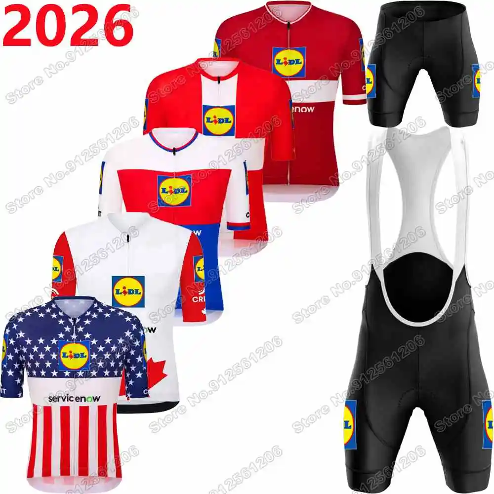 Conjunto de Maillotde Ciclismo del Equipo Lidl 2026, Ropa de Ciclismo Campeones de EE. UU., Canadá, República Checa, Dinamarca y Letonia,Camiseta de ciclismo de carretera Culotte con tirantes
