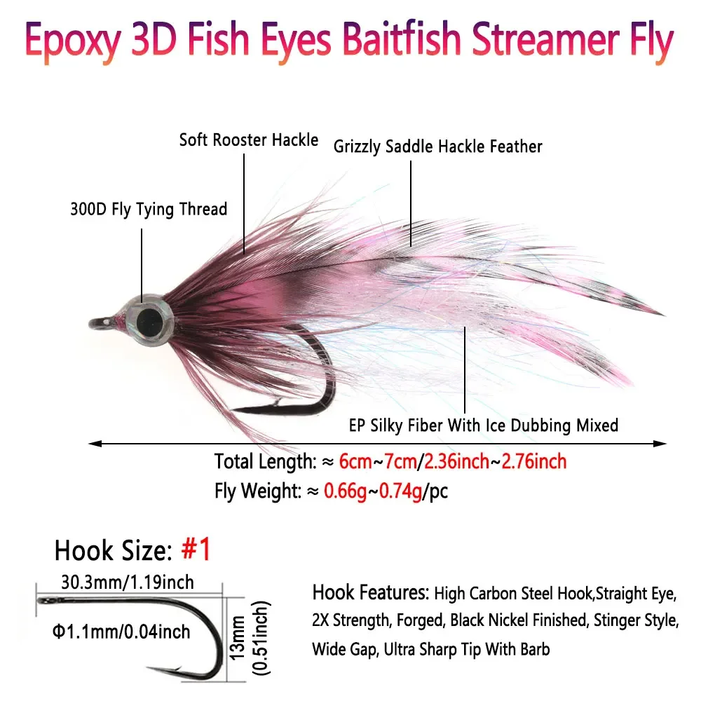 Bimoo #1 Epoxy 3D Fish Eyes Baitfish Streamer Fly Grizzly Saddle Hackle Minnow Fly Pike Trout Bass Steelhead Sea Fishing Lures