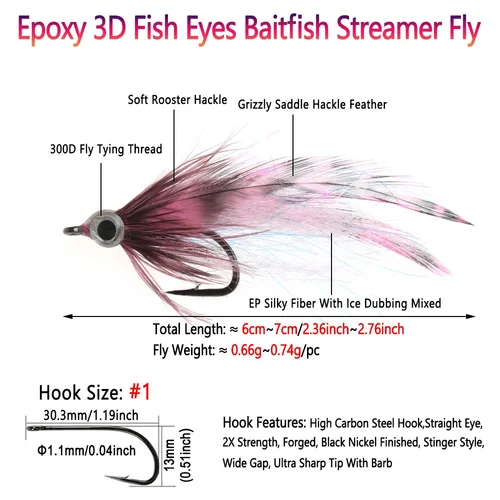 Imagen 2 del producto Bimoo # 1 epoxi 3D ojos de pez Baitfish Streamer mosca Grizzly sillín Hackle Minnow Fly Pike trucha lubina Steelhead Señuelos de pesca de mar