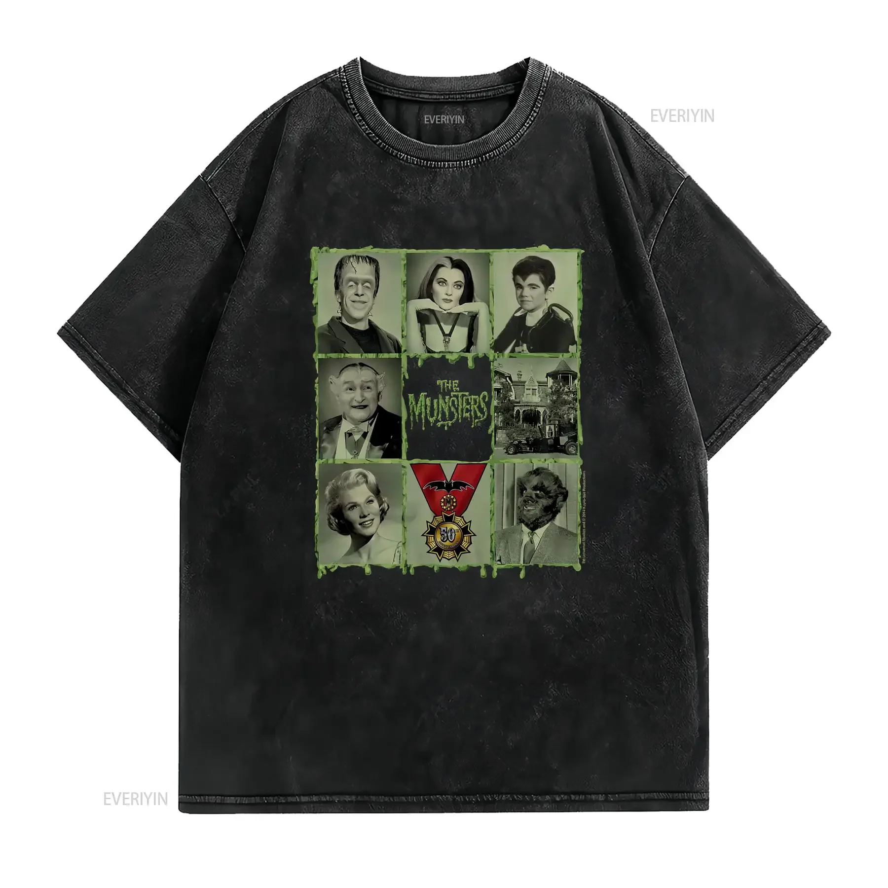 The Munsters Blocks T Shirt Mens Licensed Classic TV Lily Herman Eddie Black vintage Washed Comfortable Versatile Soft Unisex