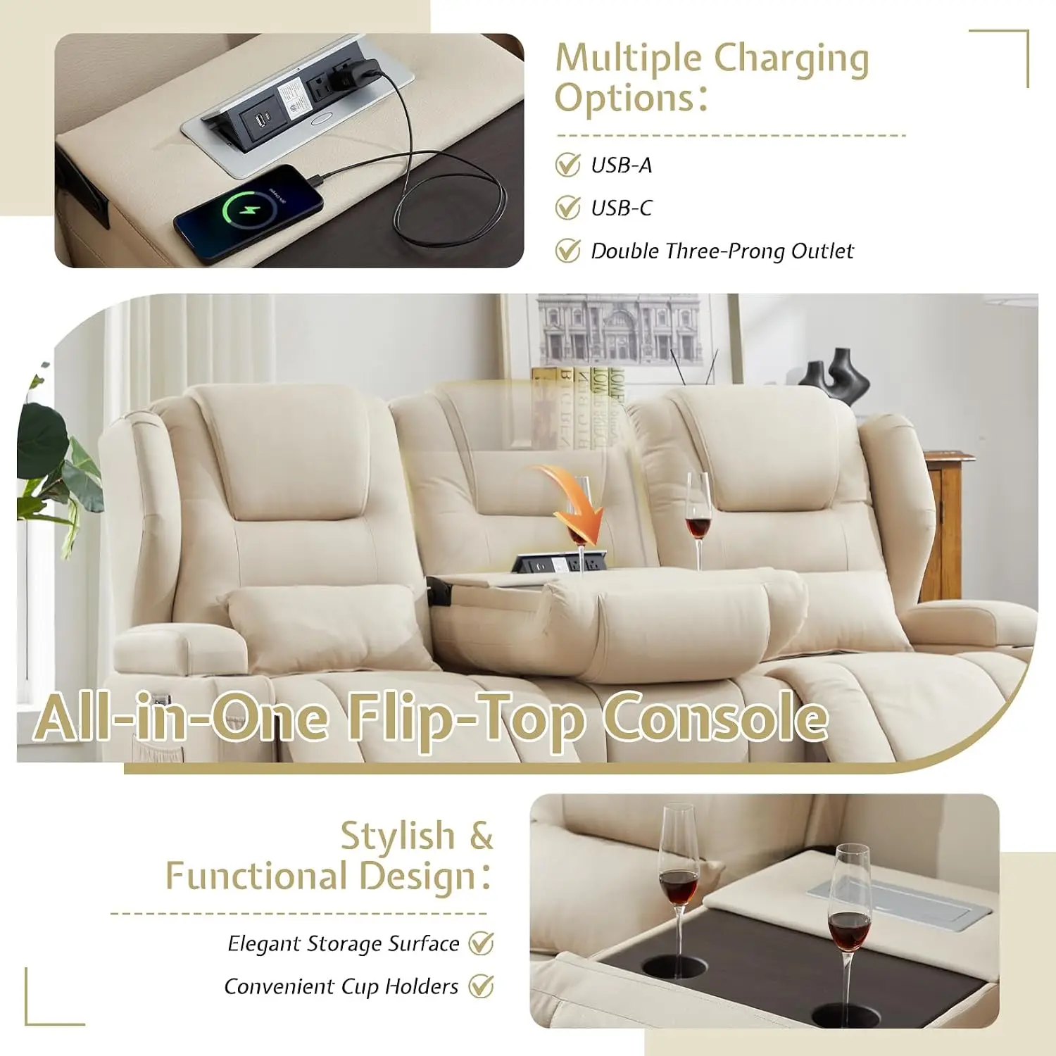 Loveseat Recliner with Adjustable Back, USB Charging, LED Light, Storage & Cup Holders, Home Theater, Beige Fabric, Customized