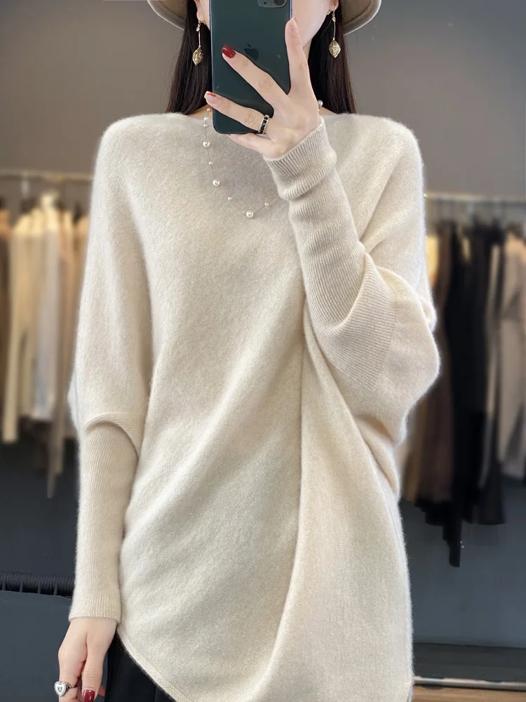 2024 Spring Autumn Women Long-Sweater 100% Merino Wool  Knitted Sweater Fashion Casual Lady O-NeckPullover Loose Women Bat shirt