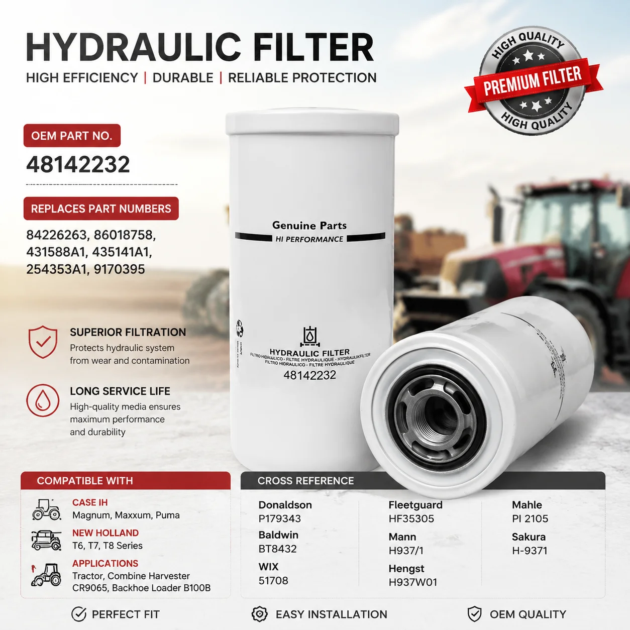 Filtro Hidráulico 48142232 84226263 para Tractor Case IH Magnum Maxxum Puma New Holland T6 T7 T8, Retroexcavadora CR9065 B100B