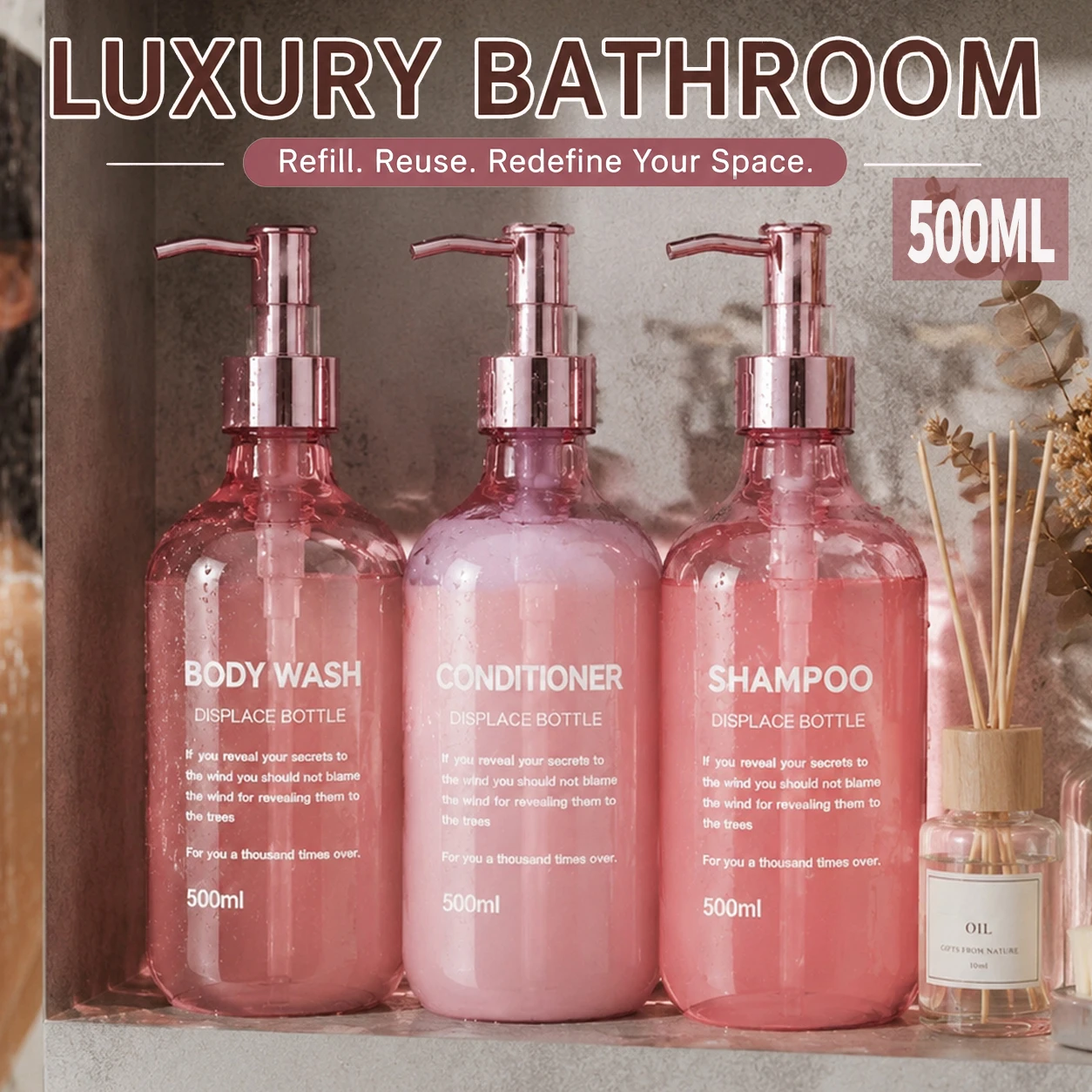 Bathroom Shower Dispenser Set, Refillable Pink Shampoo, Conditioner and Bodywash Bottles for Elegant Bath Decor