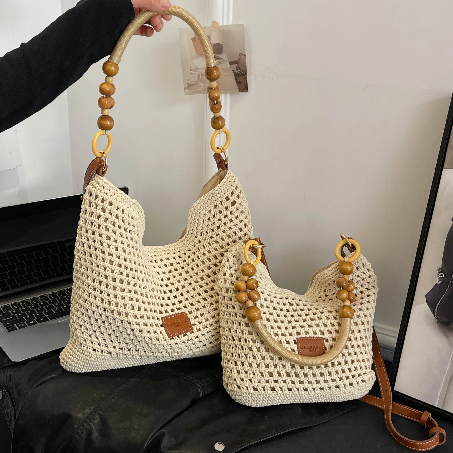 

Light Luxury Handmade Woven Beach Bag Summer Leisure Large Capacity Beaded Tote Bag Women Travel Single Shoulder Underarm Bags
