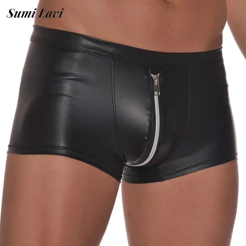 Vintage Mens Contrast Color Zip-up Shorts Fashionable Patchwork Stretch Slim PU Leather Shorts Men Spring Summer Stylish Briefs