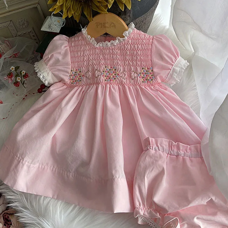 Baby girl summer vintage Spanish handmade smocking princess dress kids puff sleeve embroidered cotton birthday party dress