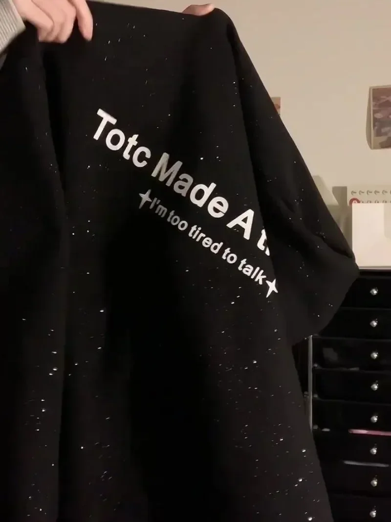 الكورية نمط Preppy الأسود ستار رسالة شارع العليا معاطف Y2k مقنعين الجرونج سوداديرا موهير البلوز سحاب أكمام طويلة