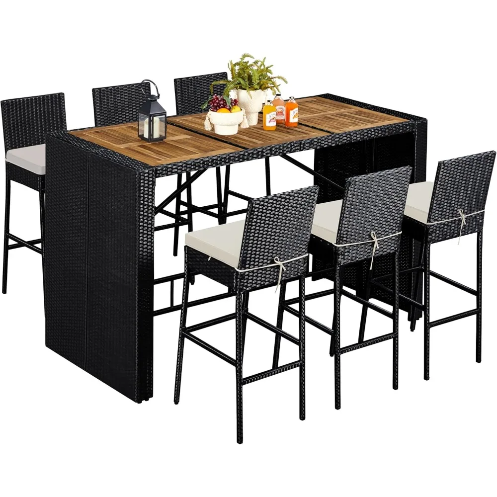 7 Piece Patio Dinings Set Outdoor Acacia Wood Bar Table and Chairs with Removable Cushions, Dining Room Sets