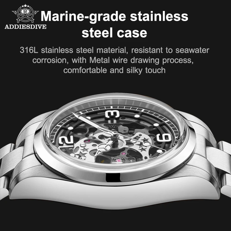 Addiesdive Explorer Skeleton Watch Automatic Men AD2111 NH38 Movement Sapphire 38mm Stainless Steel Mechanical Luxury Watch 100M