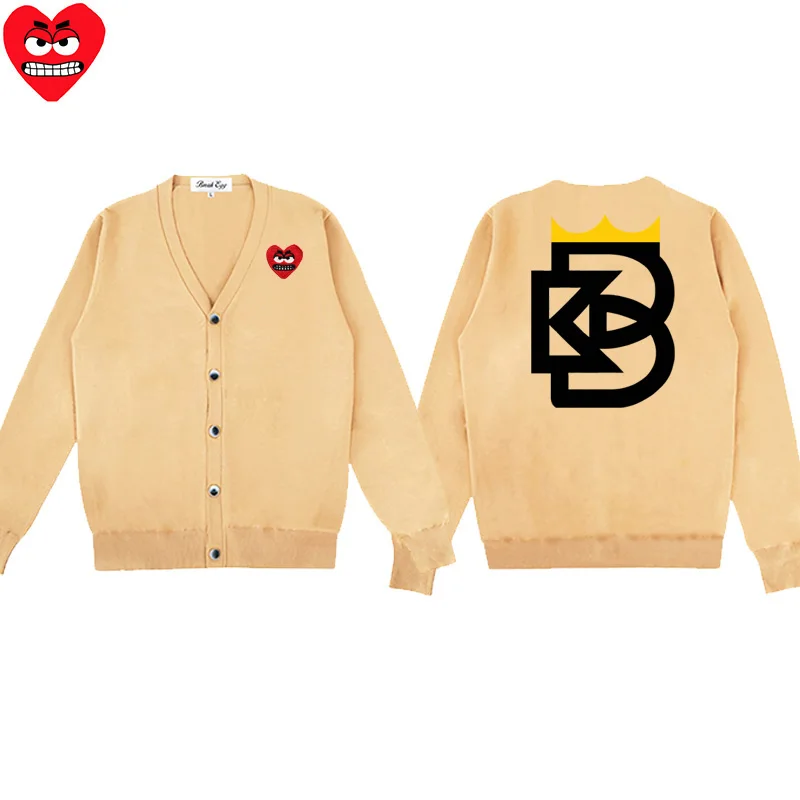 Cardigan da uomo con stampa bianca nera in cotone fresco con ricamo a cuore con scollo a V monopetto a maniche lunghe maglione autunnale