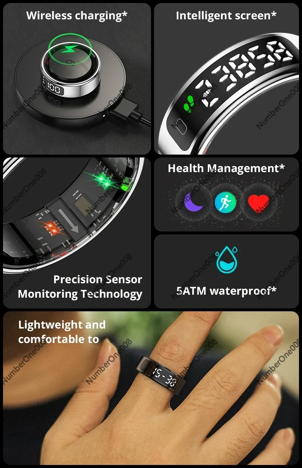 R11 Smart Ring with Display Screen, Touch Health Manager Fitness Tracker, Wireless Charging 5ATM Waterproof for Men Women