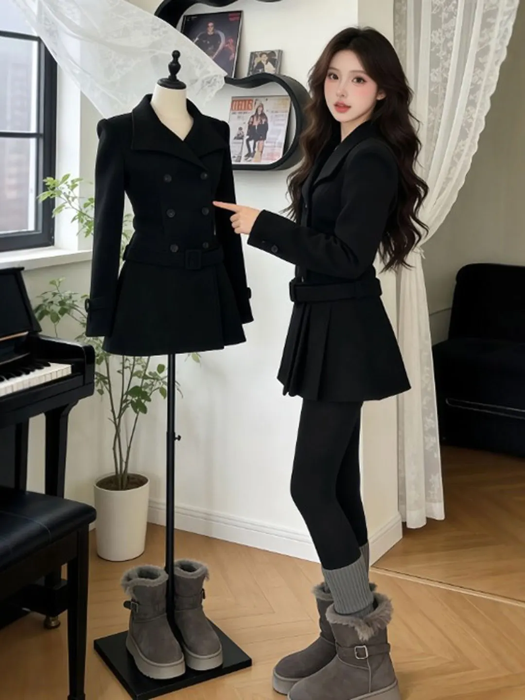 

Hebden Sle Slim Fit Bla Woolen Coat Hebden Aesthetic Waist Cinched Faionable Korean Long Sve Women's Winter Coat