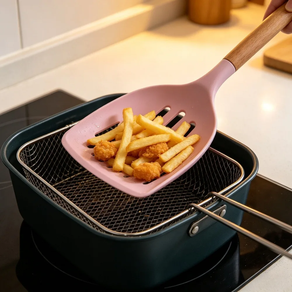Wooden Handle Silicone Slotted Turner, Heat‑Resistant Non‑Stick Kitchen Cooking Spatula for Frying Baking, Pink, 1 Pc