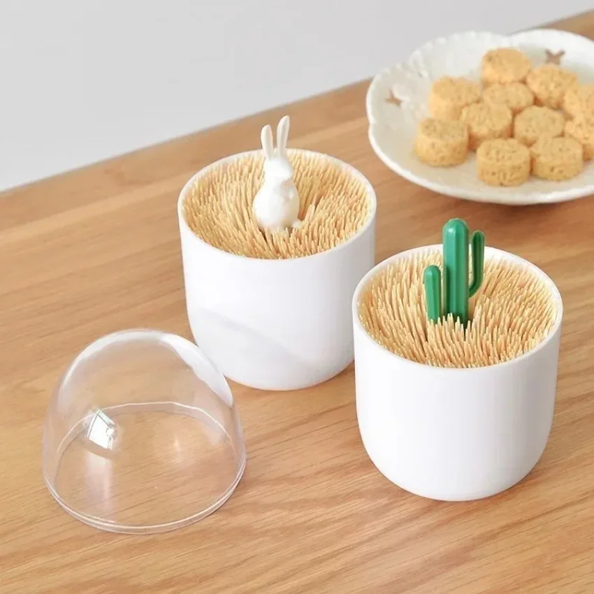 Creative Toothpick Holder Plastic Cotton Swab Holder Cute Mini Cactus Trees Rabbit Table Accessories Supplies Household Storage