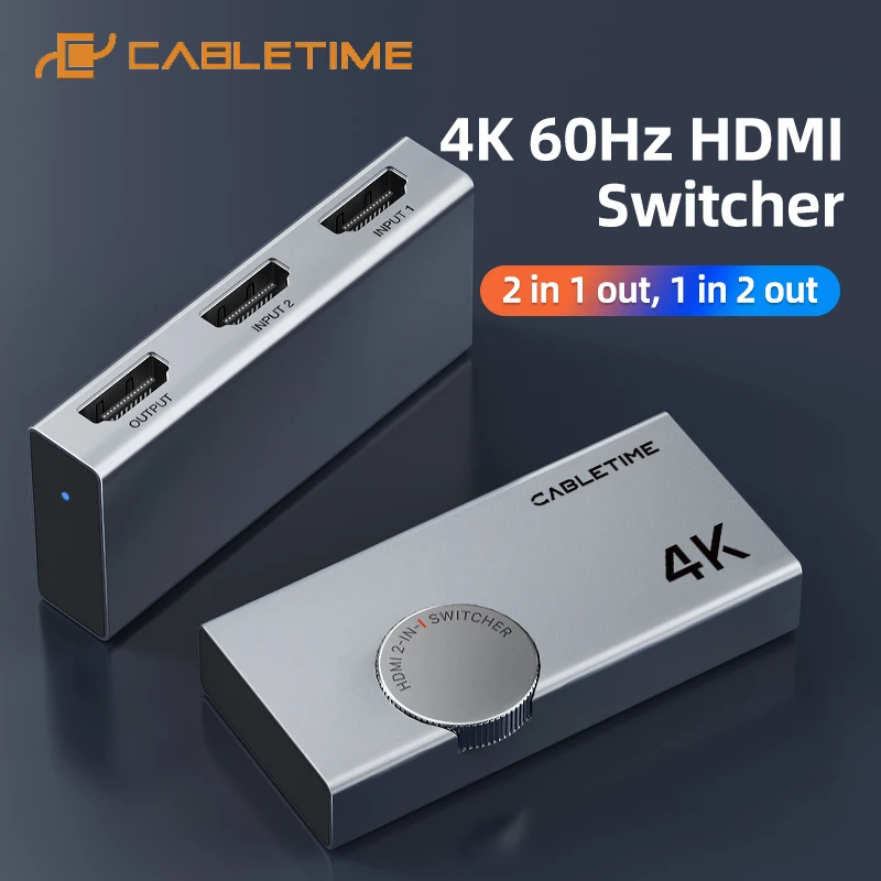 CABLETIME HDMI Switch 4K 60Hz  2 in 1 Ultra HD 4K Bi-Directional HDMI Switcher Splitter for PS4 TV Box Switcher Adapter ﻿