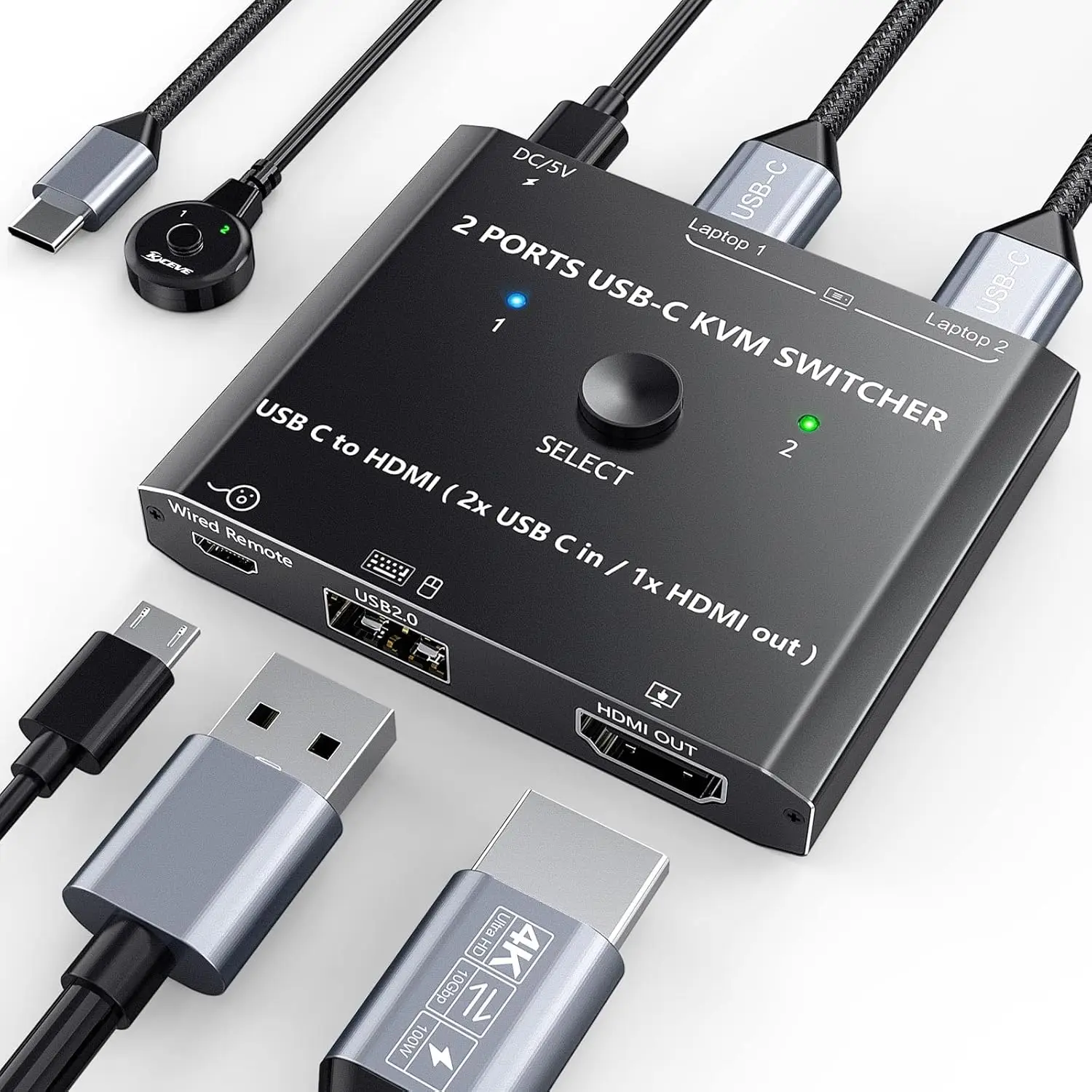 USB Type-C KVM 스위치4K@60Hz2개의 USB-C 포트 노트북용 2포트 C-HDMI 스위치, 케이블 리모컨 및 USB-C 케이블을 통해 1개의 HDMI 모니터 및 USB 장치 공유