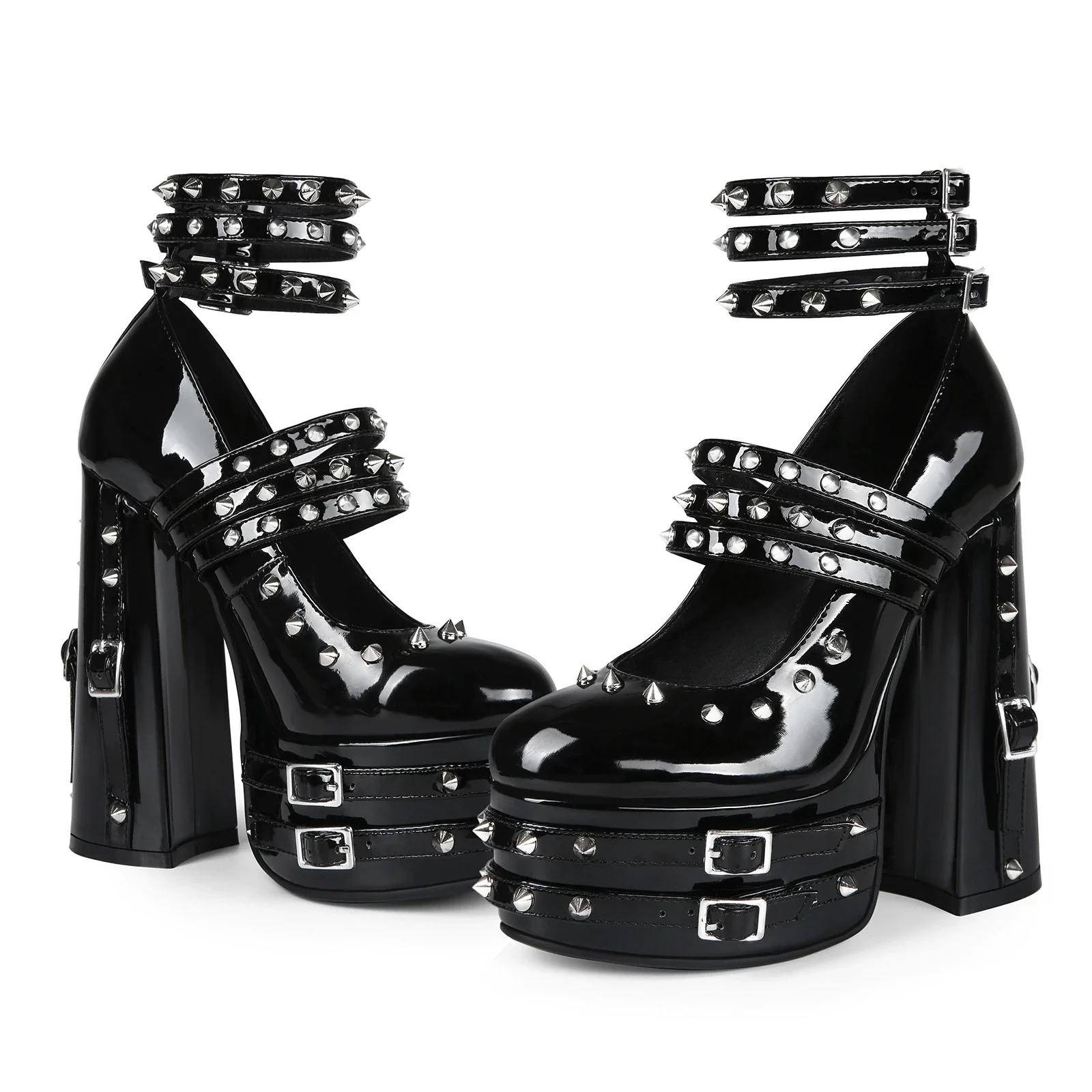 Zwart Lakleer Punk Gothic Klinknagel Platform Mary Janes Schoenen Hot Girl Dikke Suer Hoge Hakken Grote Maat 44, Damesschoenen