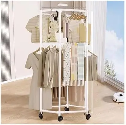 

Clothes Rack Hexagonal Rotating Clothes Rack Metal Clothes Drying Rack Movable Balcony Bedroom Clothing Storage Rack with Pulley
