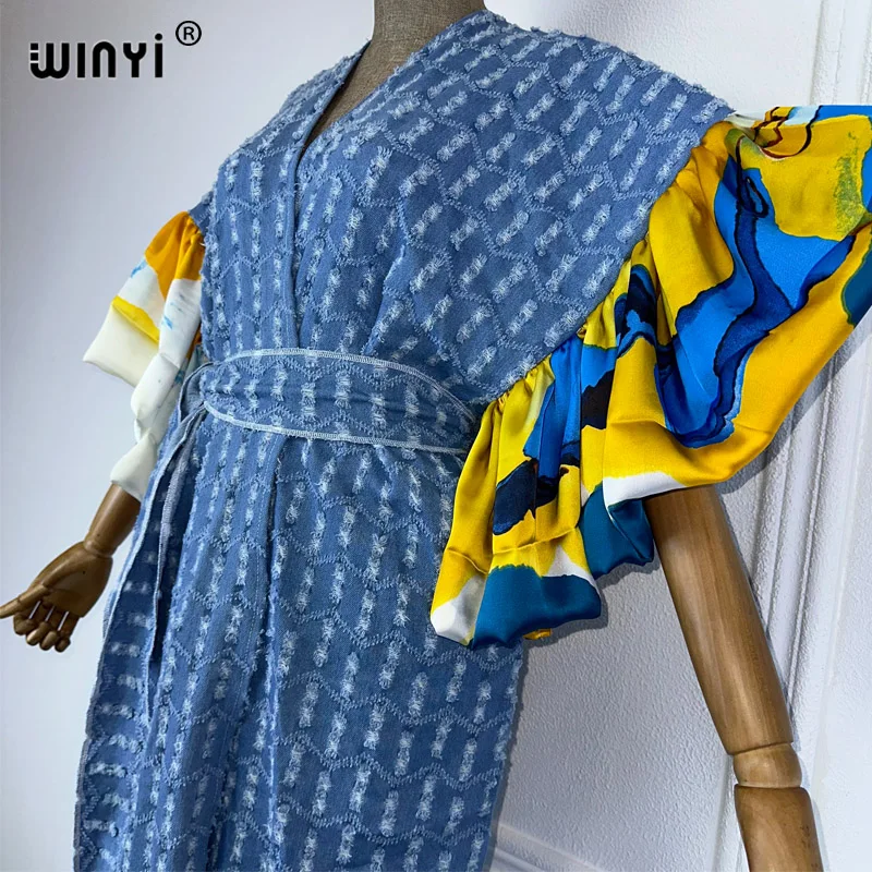 WINYI Kimono Hollow bubble sleeve denim cardigan long down overcoat maxi Dress elegant Holiday beach Cover Up fashion dress