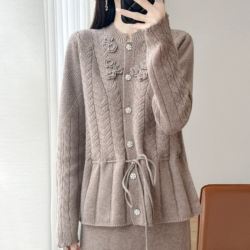 Women's New Chinese 100% Pure Wool Cardigan Fashion Heavy Industry Crochet Knitwear Jacquard Drawstring Coat Loose Thick Sweater