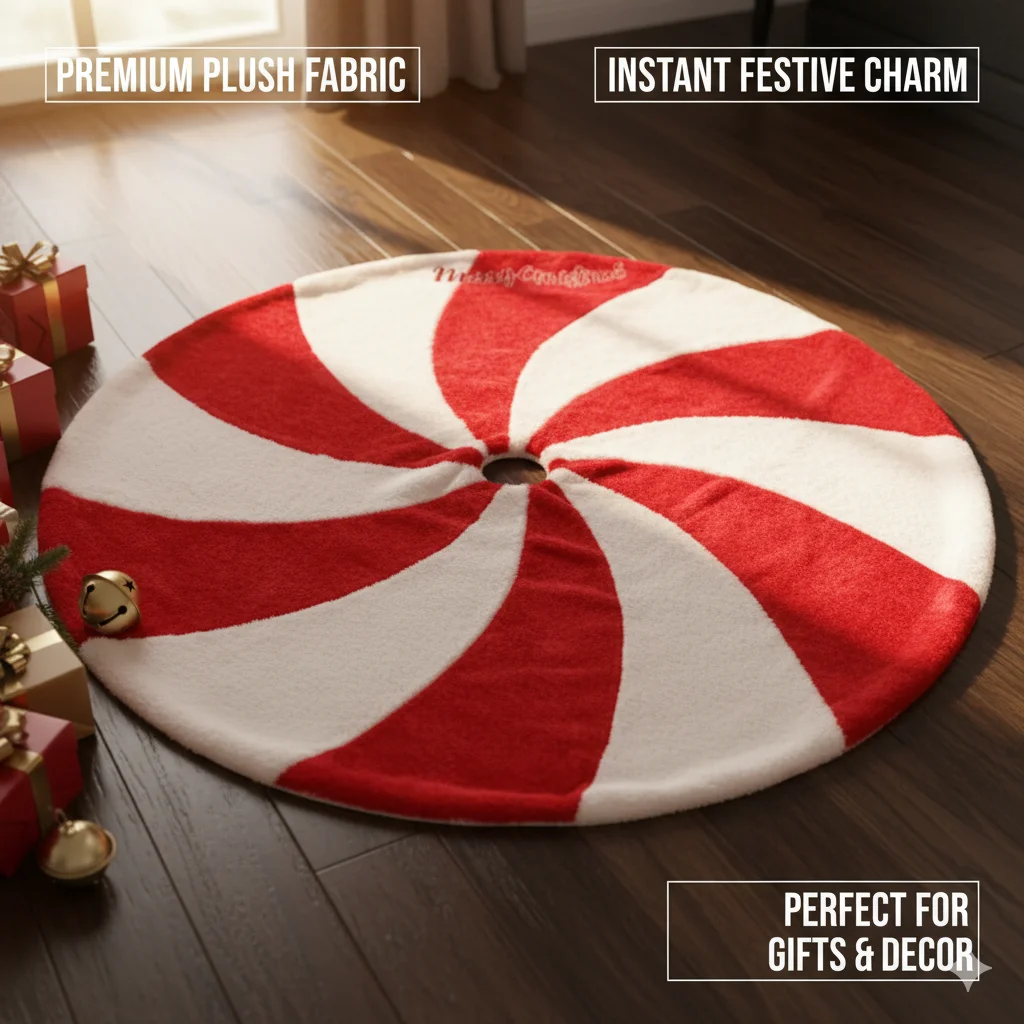 

48in Large Christmas Tree Skirt Classic Red White Candy Swirl Design Holiday Tree Mat Decoration For Home Living Room