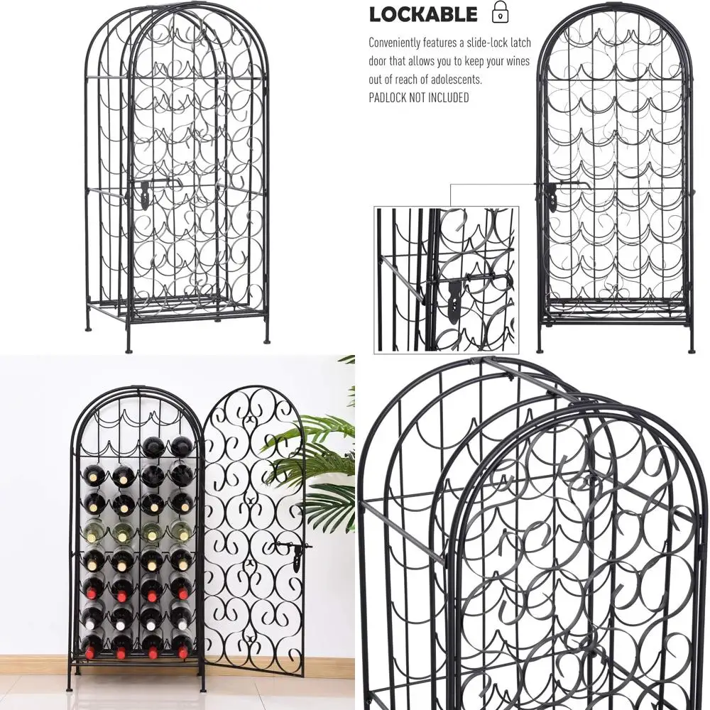 Black Wrought Iron 35-Bottle Wine Rack Cabinet with Lock - HOMCOM Brand