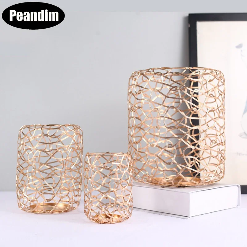 PEANDIM Gold Cylinder Candle Holders Creative Lantern Candle Holder For Home Decoration Party Hotel Candle Stand Decorative