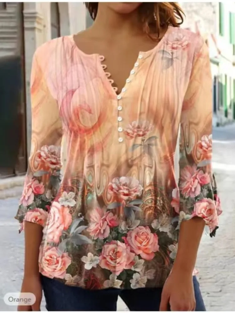 

Fashion Print Top T Shirt Lady Casual O-Neck Three Quarter Pullover Tops T-Shirt For Women Summer Boho Womens Clothing Tshirts