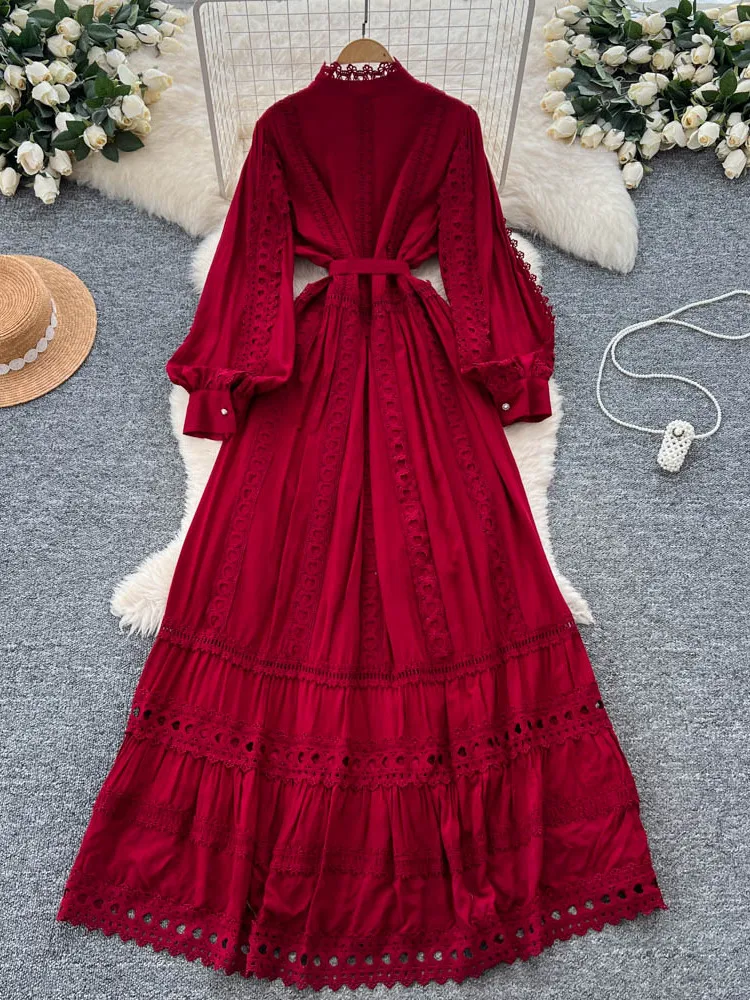 Ele Lace Splicing Lantern Sve Dr Dames lang Dr Court Sle Hoge taille Polyestervezel A-lijn Zomer Dr