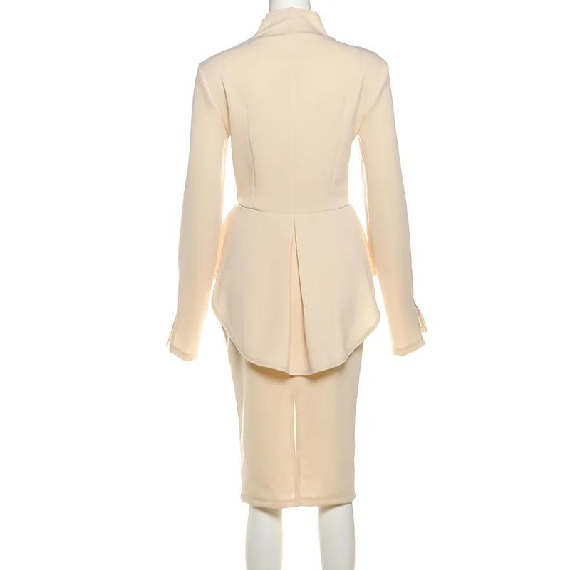 Ensemble jupe de costume pour femmes, 2 pièces, Blazer + robe de bal mi-longue, Beige, rouge, noir, formel, bureau, Sexy, col en V, robe de soirée, veste en coton, automne