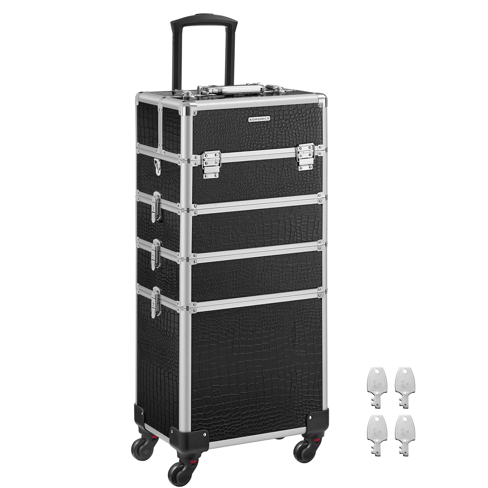 SONGMICS 4-in-1 Professional Makeup Case, Travelling Beauty Trolley, Cosmetic Trolley for Hairdressers, Lockable Makeup Storage