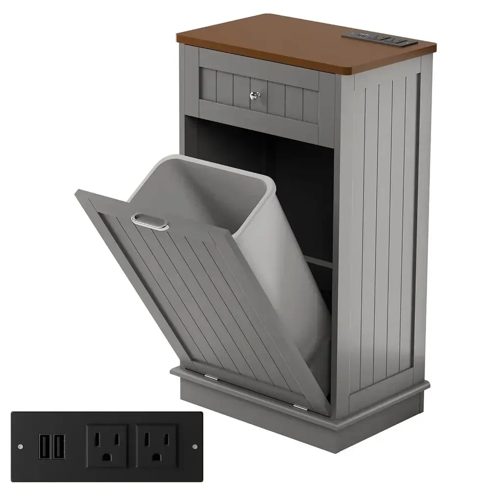 Double Bin Trash Cabinet with Outlet, 10 Gallon Storage Cabinet, Pet-Proof Trash Can with AC & USB Ports, Grey Single Door Kitch