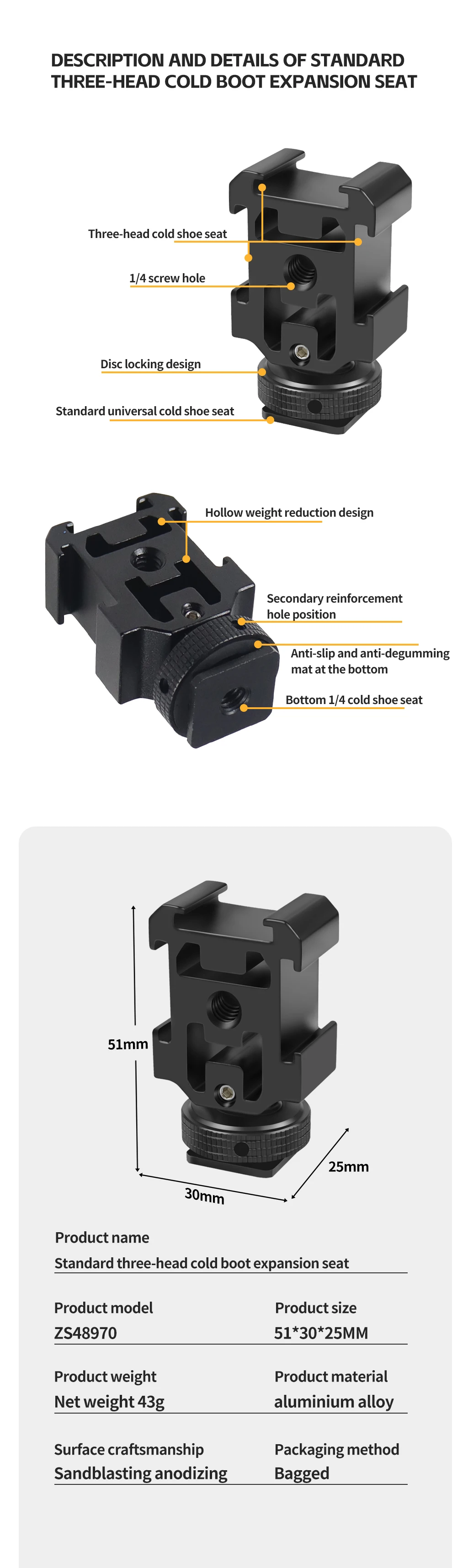 Triple Hot Cold Shoe Mount Adapter 1/4 Halter für Nikon Canon DJI MIC 2 SLR Stativ Mikrofon Licht Audio Recorder Ständer Halterung – Detail 8