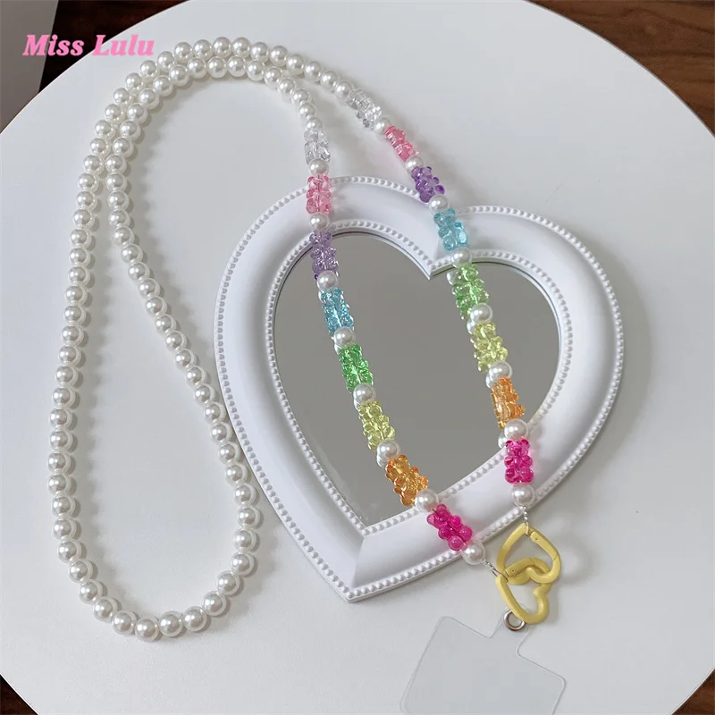 Cute Heart Love Beads Hanging Long Chain Phone Strap Colorful Bowknot Lanyard Woman Girl Bag Camera Pendant for Airpods Cases