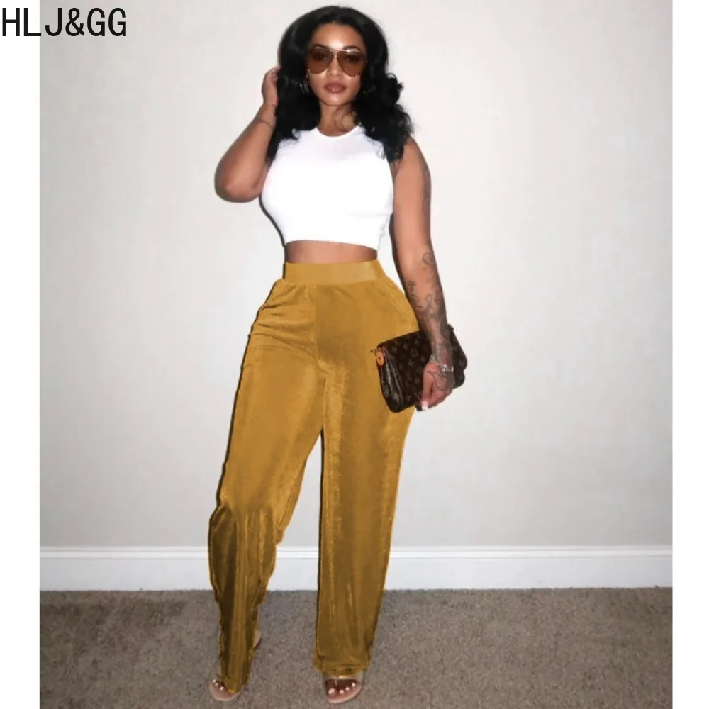 HLJ&GG Fashion Velvet Loose Wide Leg Pants Women Elastic High Waist Straight Trousers Casual Female Solid Color Matching Bottoms