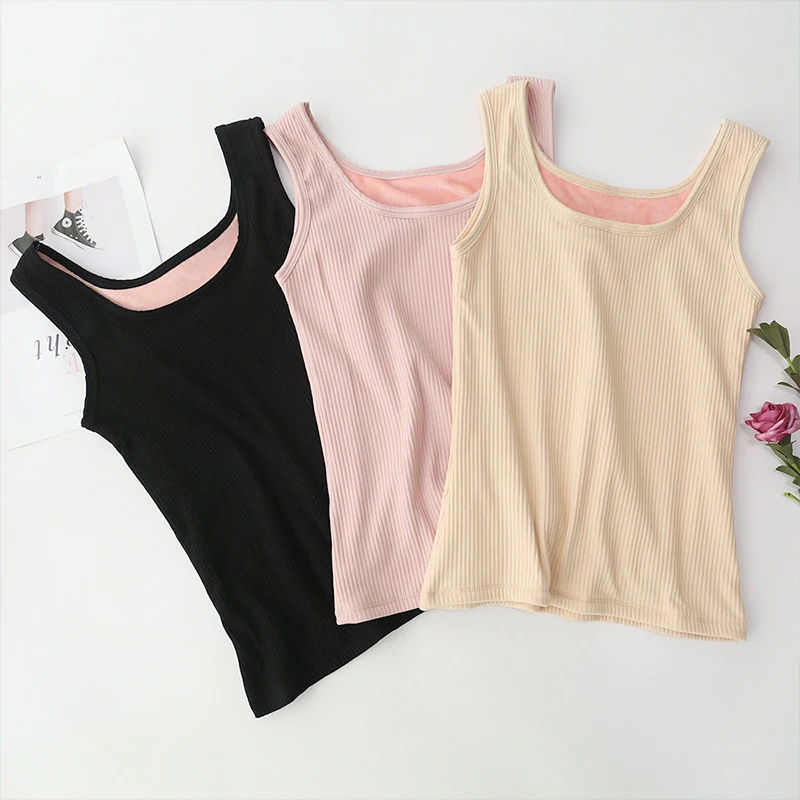 FINETOO Winter Velvet Padded Vest Women Solid Color Slim Spaghetti Thermal Underwear Camisole Keep Warm Sling Vest Shaping Tops