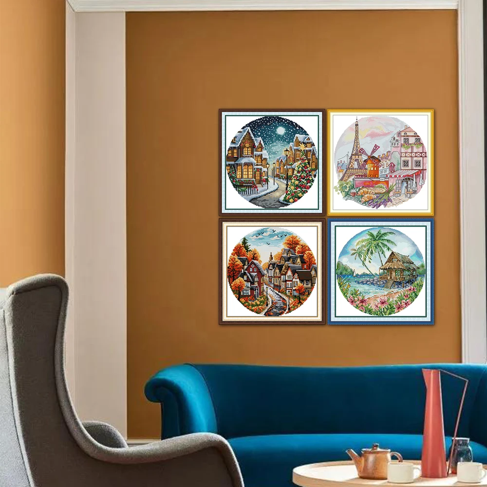 Joy Sunday Autumn Streets Island French Flavor Christmas Eve Cross Stitch, Home Decor, FA557, FA559, FA584, FA603