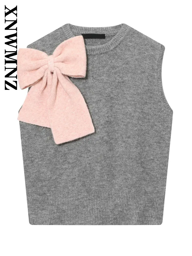 

XNWMNZ 2025 осенний женский универсальный простой вязаный жилет без рукавов с круглым воротником, винтажный повседневный зимний женский шикарный теплый свитер