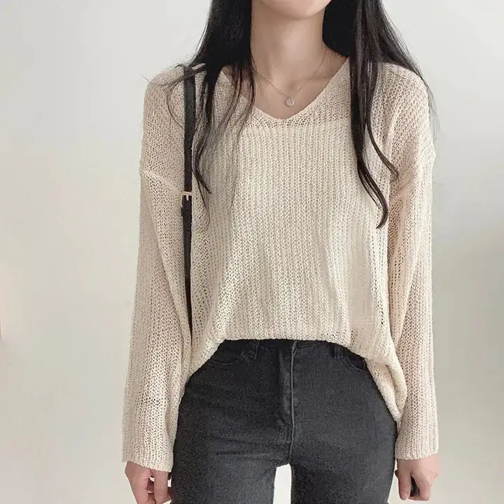 Semi Sheer Long Sleeve Knit Top Women V-neck Cover Up Pullover Open-Knit Sweater Spring Summer Fairycore Crochet Tops Outfit