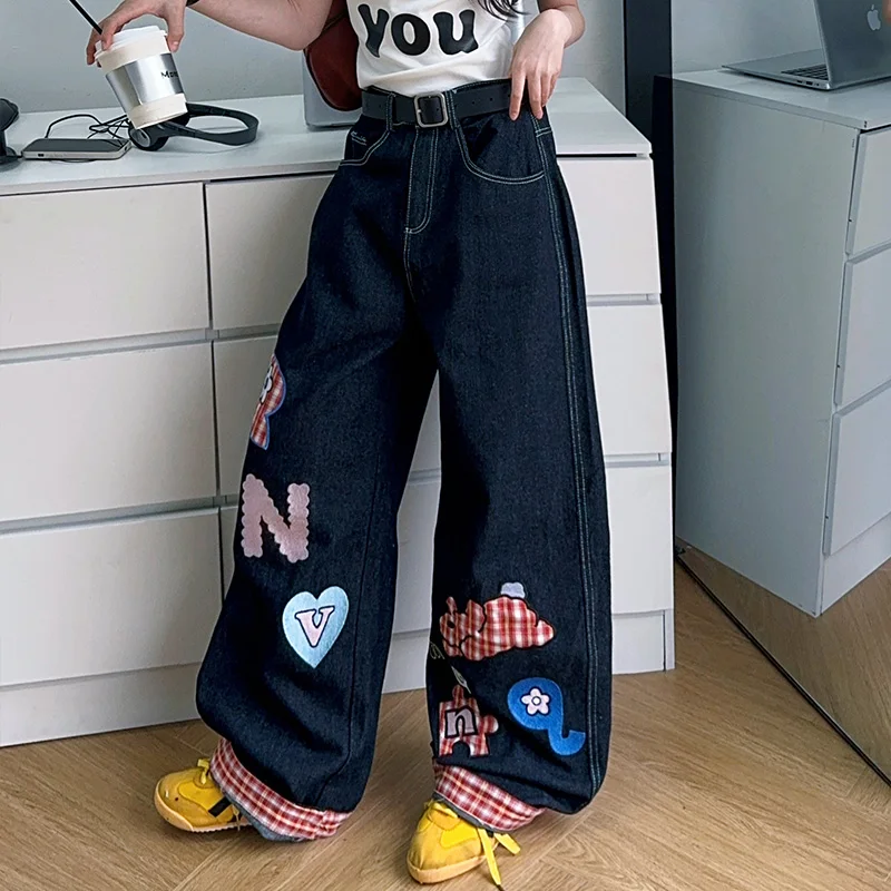 

4 6 8 10 12 14 spring teen girls jeans junior kids Grid stitched embroidered wide leg pants youth child denims trousers clothes