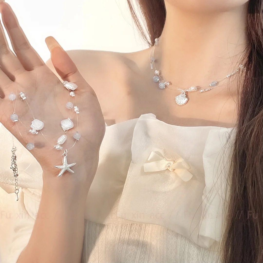 

DUTRIEUX Summer Beach Starfish Shell Necklace For Women Girls Vacation Unique Double Layer Clavicle Choker Aesthetic Jewelry