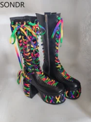 Womens Platform Rainbow Colors Ties Straps Knee Thigh High Boots Block Heel Punk Shoes Square Toe Rock Dark  New 2024