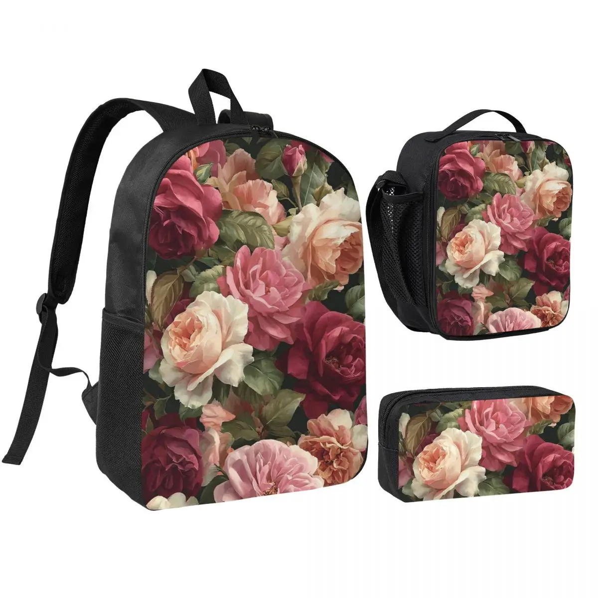 Vintage Rose Floral Backpack Boys Girls BookBag School Bag Shoulder Bags 3ps Insulated Lunch Bag Pencil Case