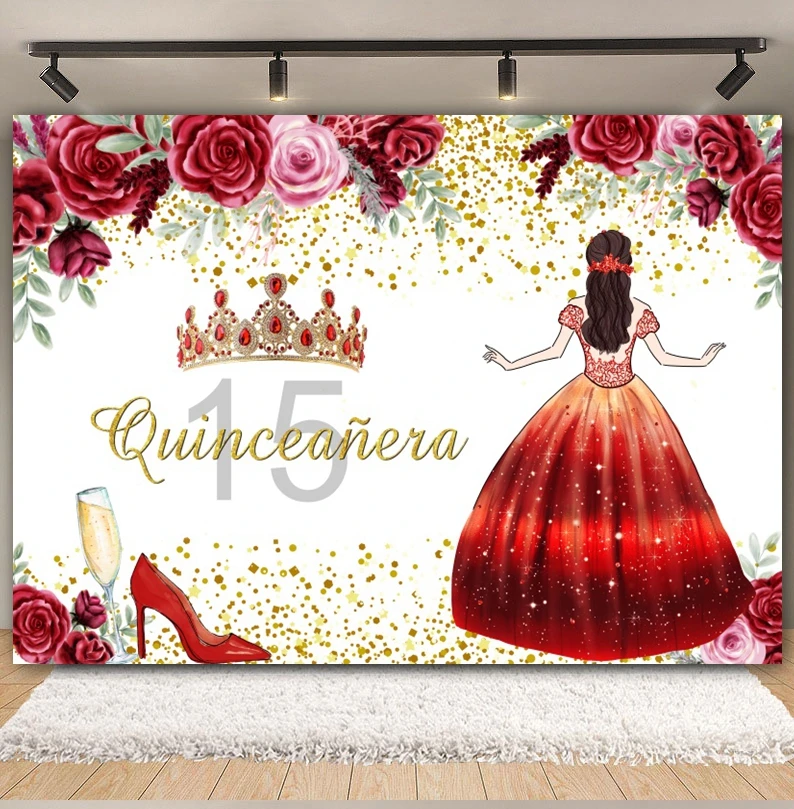 Quinceanera Sweet 15 16th Birthday Party Photography Backdrop Princess Girl Flowers Dress Glitter Crown Photo Background Decor