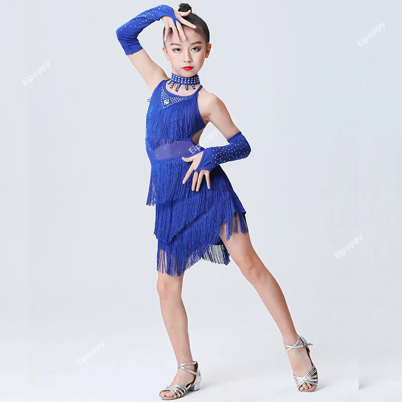 

Children Sequined Latin Ballroom Dance Dress Girls Fringe Dancewear Costumes Performance Clothes