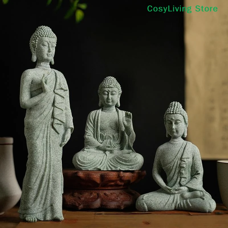 1Pcs Mini Buddhism Figurine Home Zen Statue Green Sandstone Desk Decor Thailand Ornament Buddha Garden Statue Fish Tank Decor