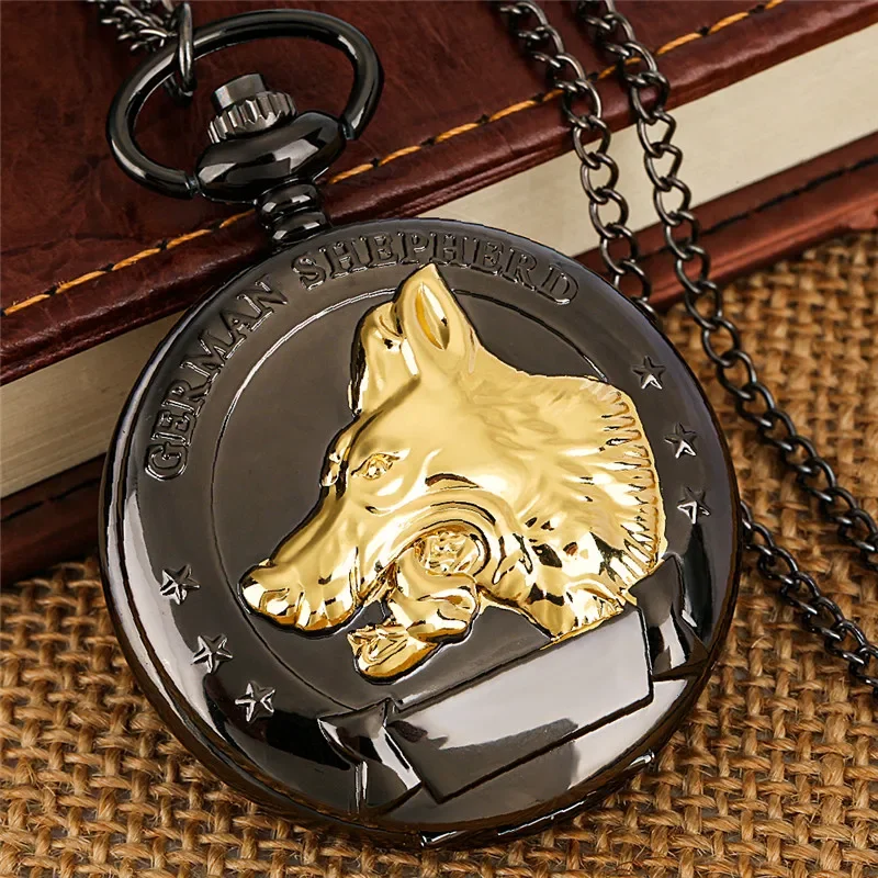 

Retro Golden German Shepherd Dog Animal Design Men Women Quartz Analog Pocket Watch Roman Number Pendant Chain Timepiece Clock